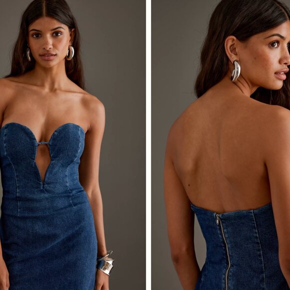 NWT Bardot Eleni Denim Strapless Plunge Midi Dress Size US 12 $179 - Picture 5 of 15